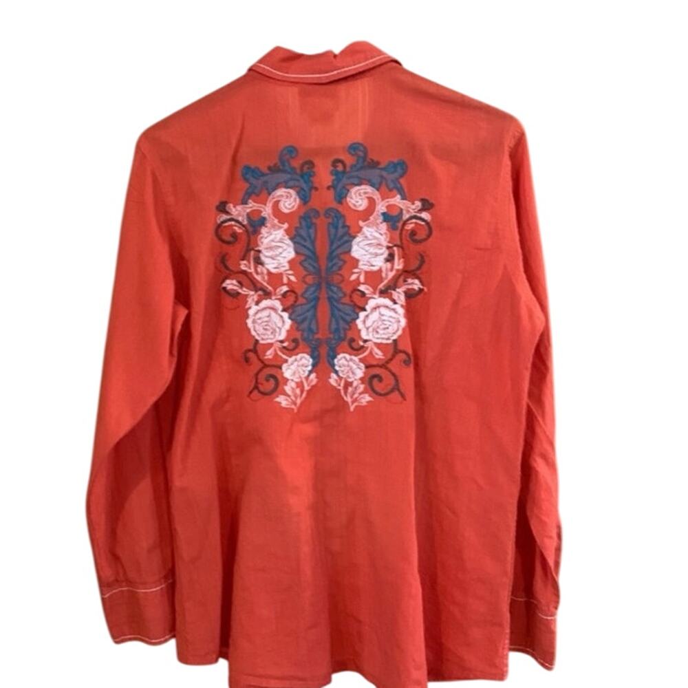 Ariat Embroidered Snap Up Blouse Top M Orange Fitted 100% Cotton Western Rodeo